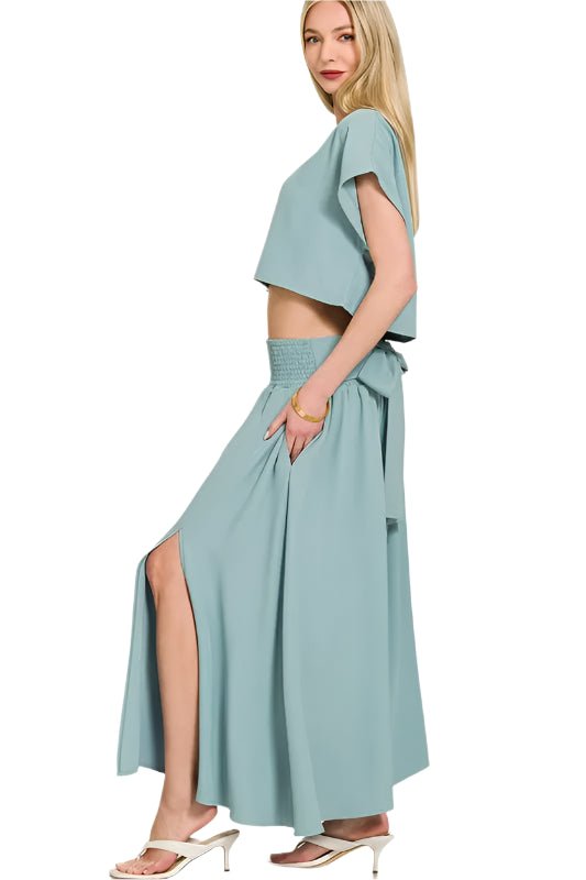 Zenana - Crop Tee & Smocked Waist Maxi Skirt Set – Dusty Aqua
