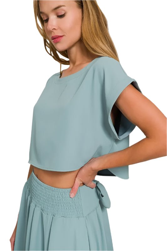 Zenana - Crop Tee & Smocked Waist Maxi Skirt Set – Dusty Aqua
