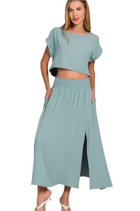 Zenana - Crop Tee & Smocked Waist Maxi Skirt Set – Dusty Aqua