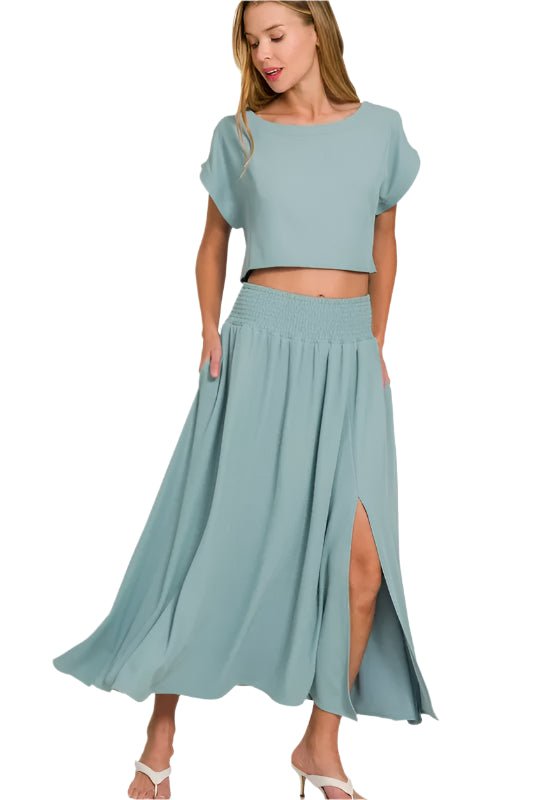 Zenana - Crop Tee & Smocked Waist Maxi Skirt Set – Dusty Aqua
