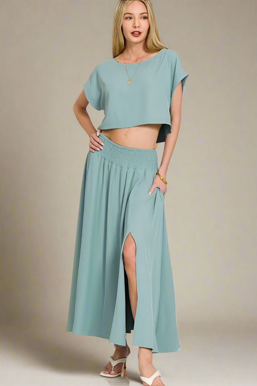 Zenana - Crop Tee & Smocked Waist Maxi Skirt Set – Dusty Aqua
