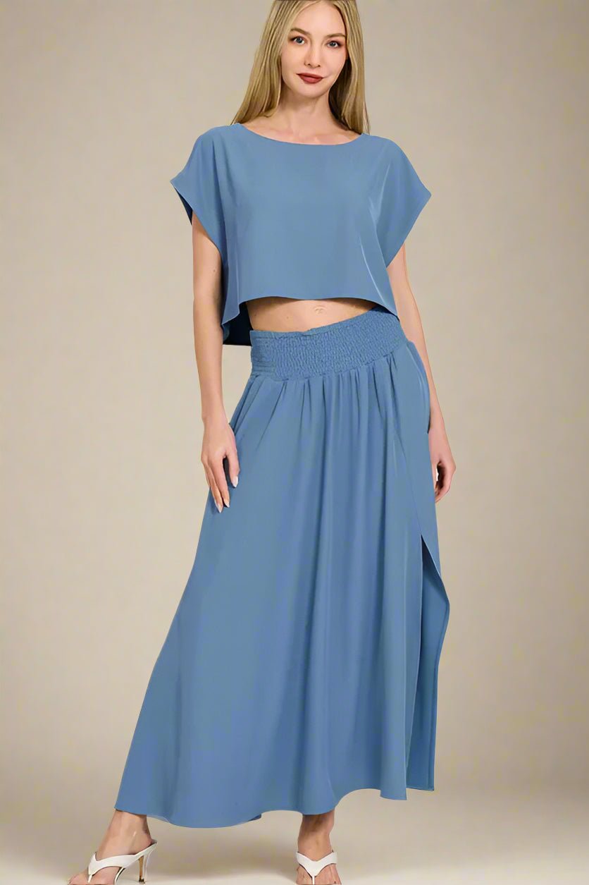 Zenana - Crop Tee & Smocked Waist Maxi Skirt Set – Dusty Blue