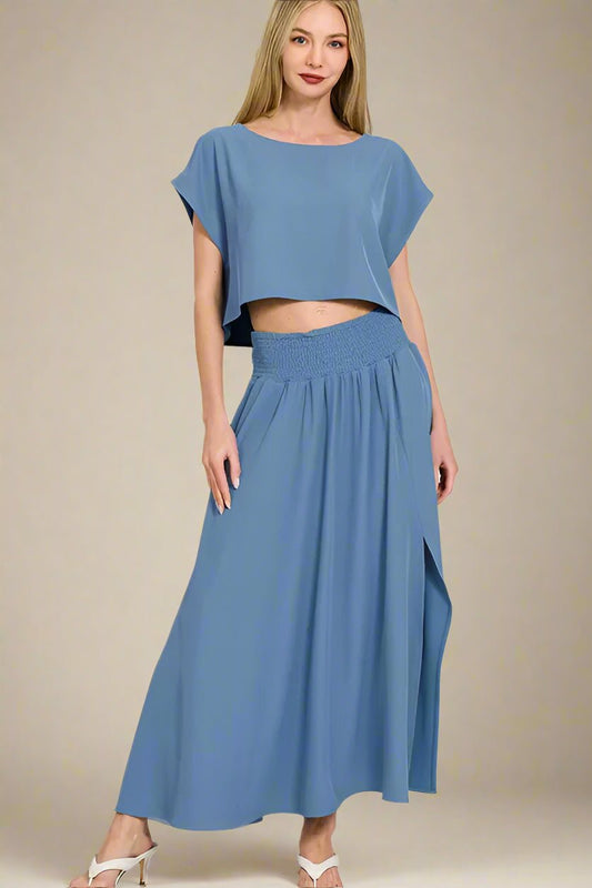 Zenana - Crop Tee & Smocked Waist Maxi Skirt Set – Dusty Blue