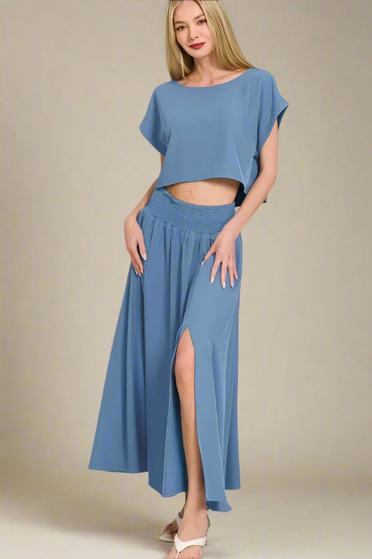Zenana - Crop Tee & Smocked Waist Maxi Skirt Set – Dusty Blue