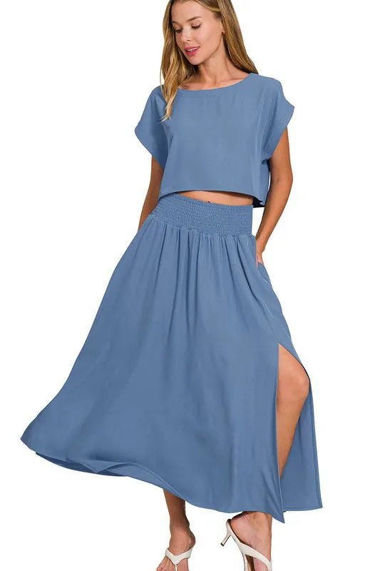 Zenana - Crop Tee & Smocked Waist Maxi Skirt Set – Dusty Blue