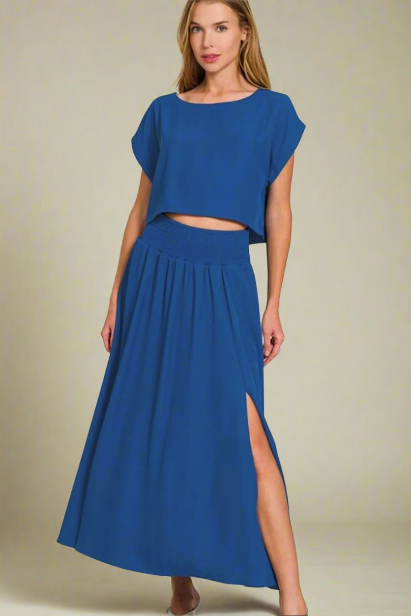 Zenana - Crop Tee & Smocked Waist Maxi Skirt Set – Sapphire Blue