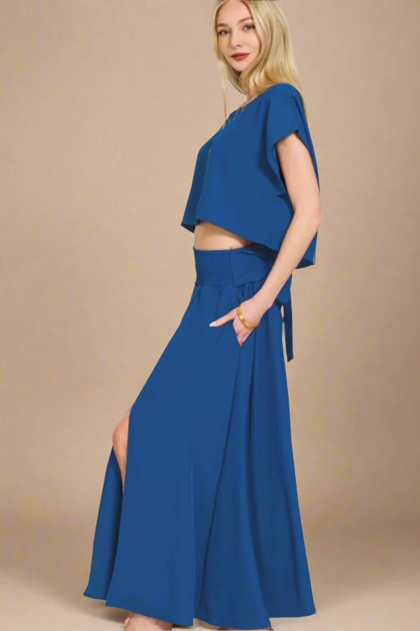 Zenana - Crop Tee & Smocked Waist Maxi Skirt Set – Sapphire Blue