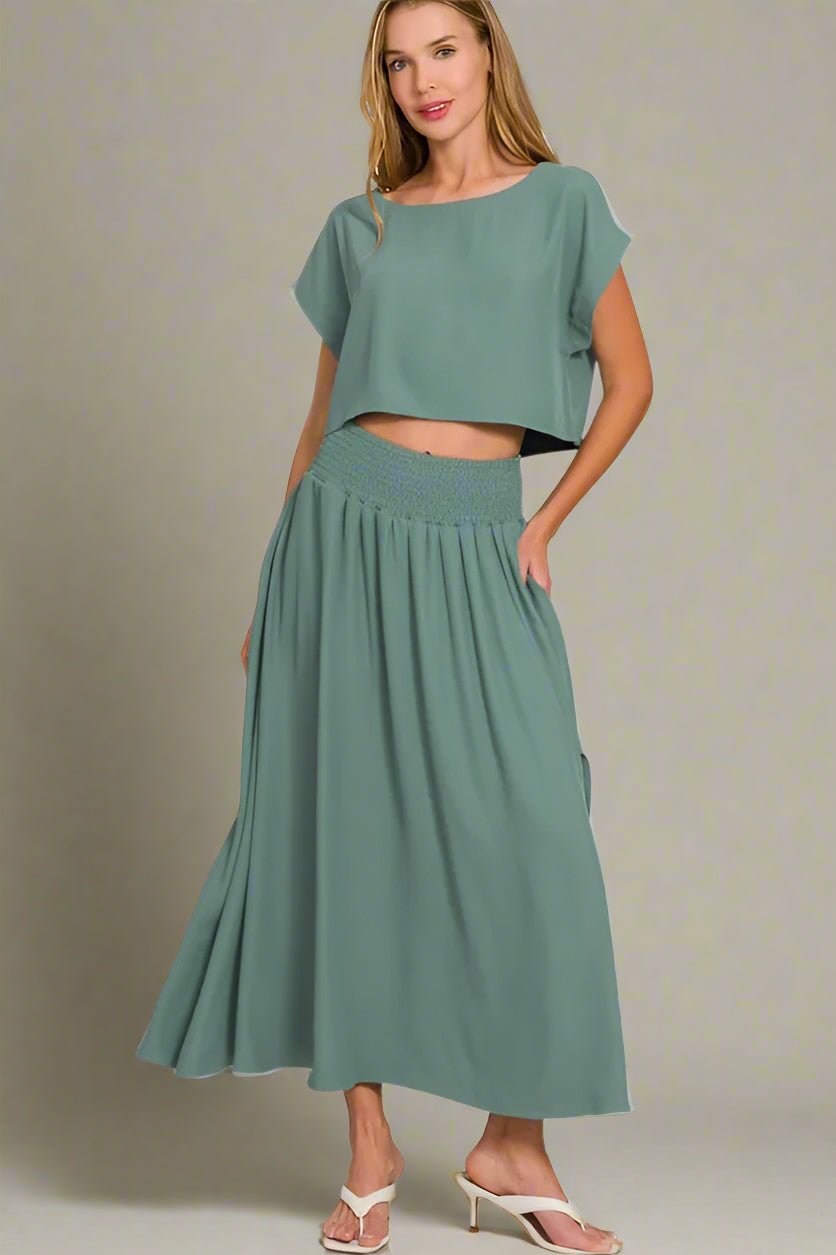 Zenana - Crop Tee & Smocked Waist Maxi Skirt Set – Smoky Sage