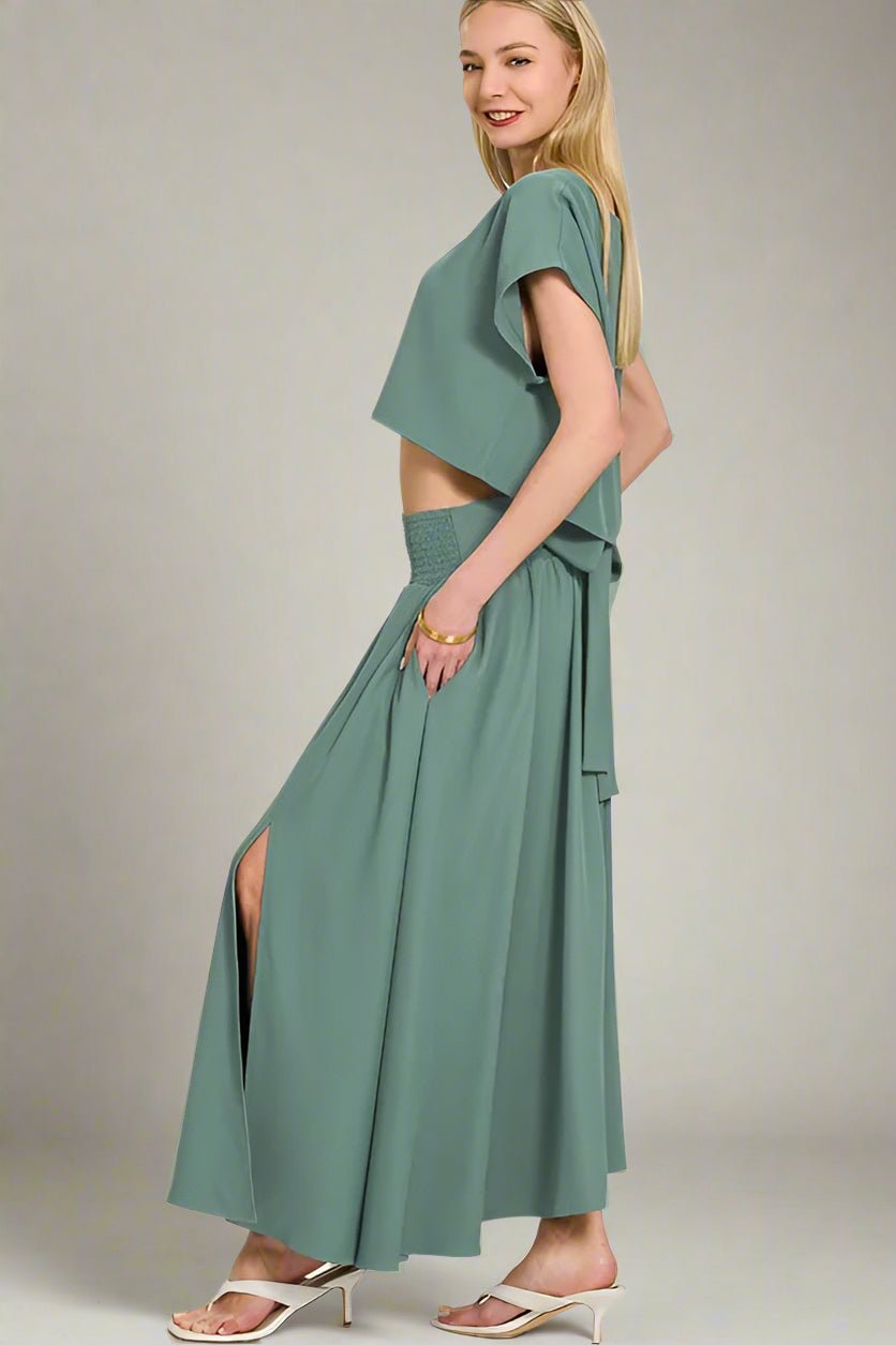 Zenana - Crop Tee & Smocked Waist Maxi Skirt Set – Smoky Sage