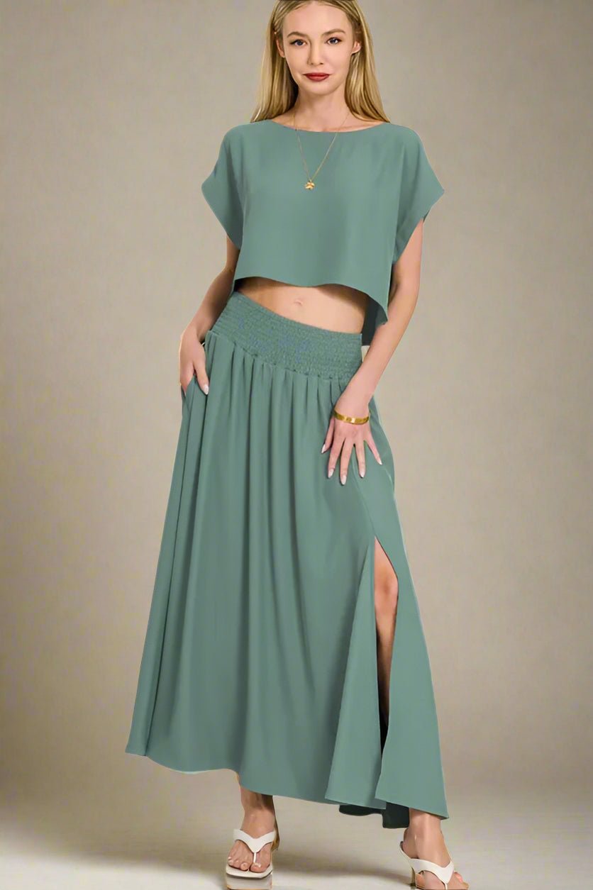 Zenana - Crop Tee & Smocked Waist Maxi Skirt Set – Smoky Sage