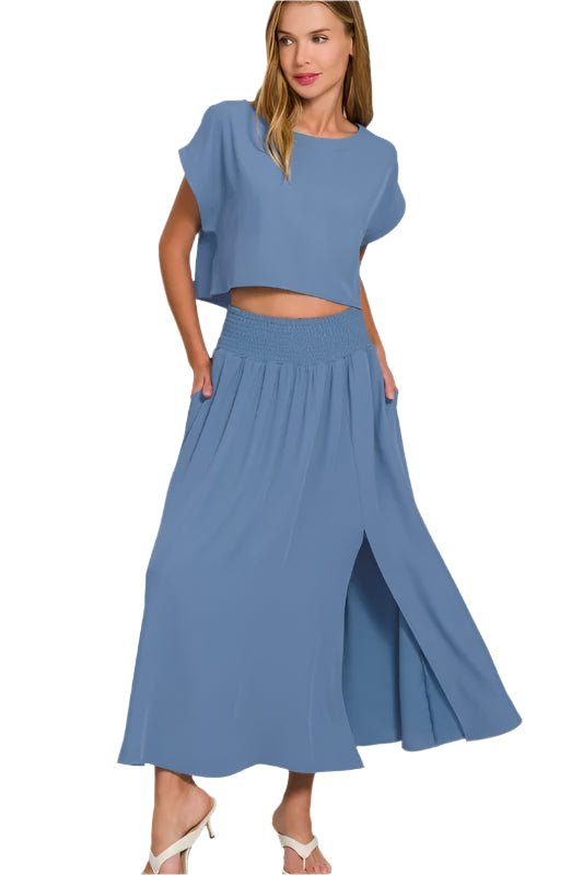 Zenana - Crop Tee & Smocked Waist Maxi Skirt Set – Soft Sky Blue