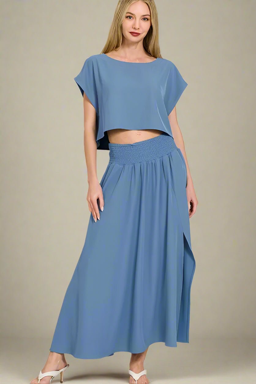 Zenana - Crop Tee & Smocked Waist Maxi Skirt Set – Soft Sky Blue