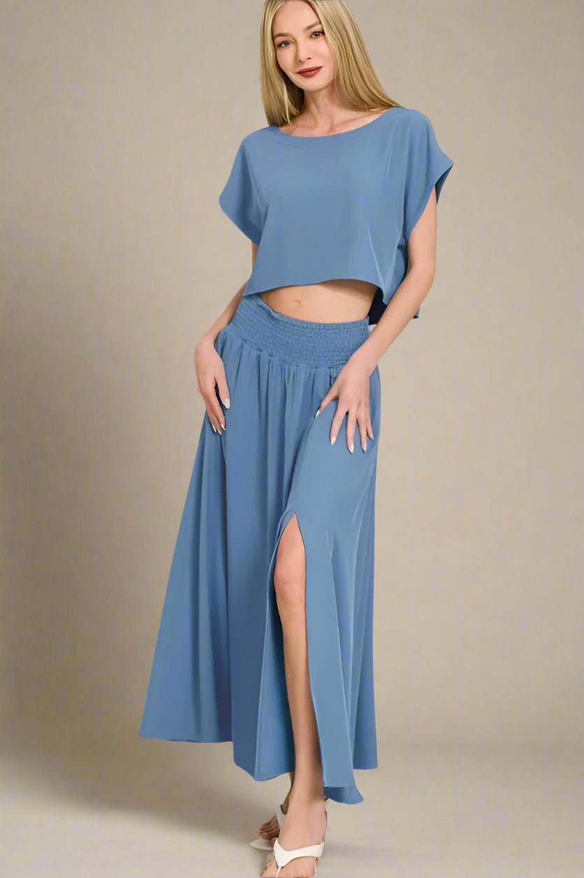 Zenana - Crop Tee & Smocked Waist Maxi Skirt Set – Soft Sky Blue