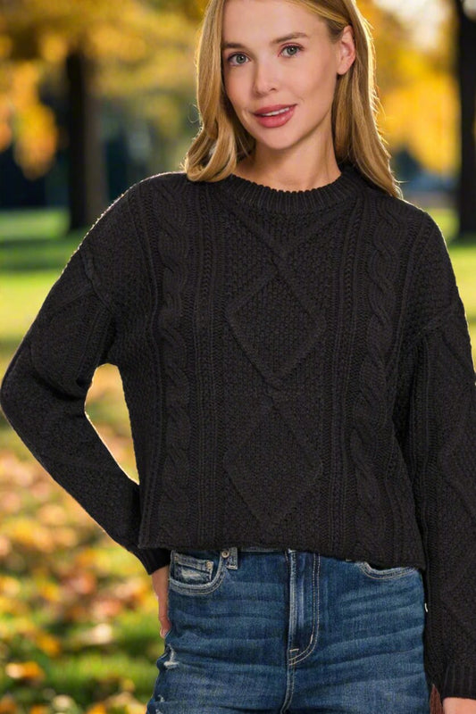 Zenana - Cropped High Low Hem Cable Knit Tunic Sweater in Black