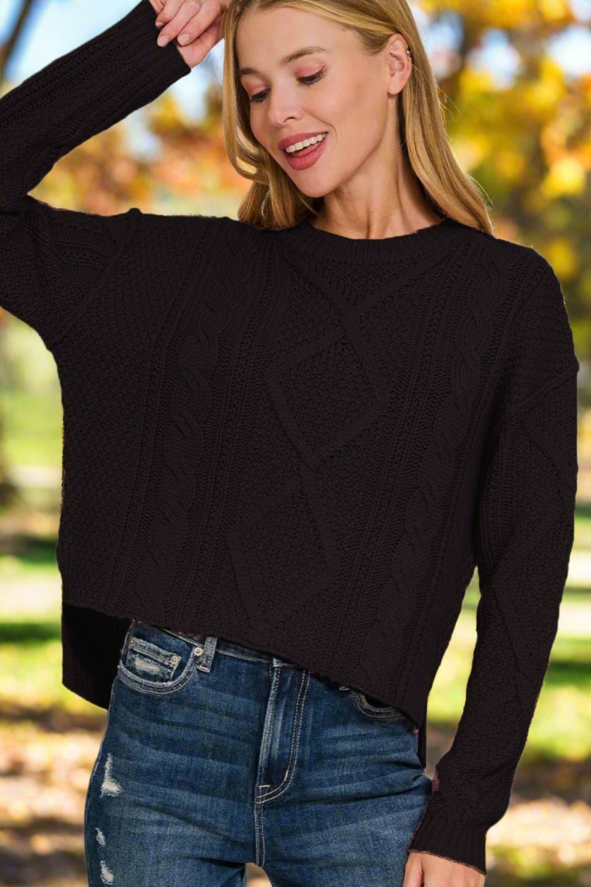 Zenana - Cropped High Low Hem Cable Knit Tunic Sweater in Black