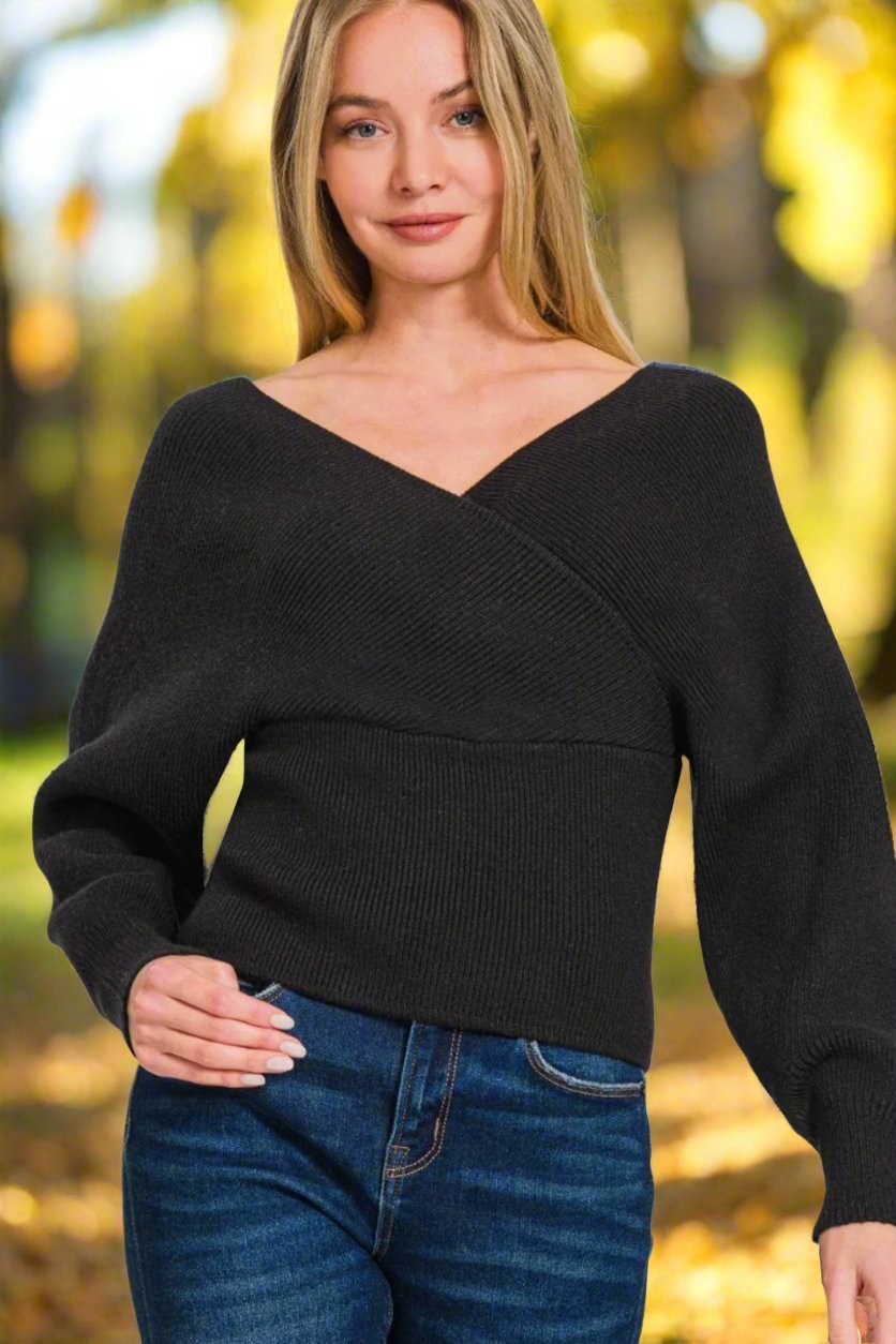 Zenana - Cross Wrap Rib Knit Long Sleeve Sweater in Black