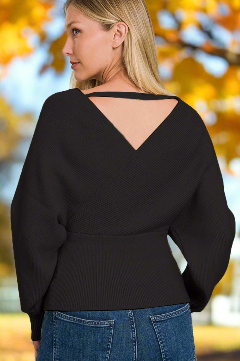 Zenana - Cross Wrap Rib Knit Long Sleeve Sweater in Black