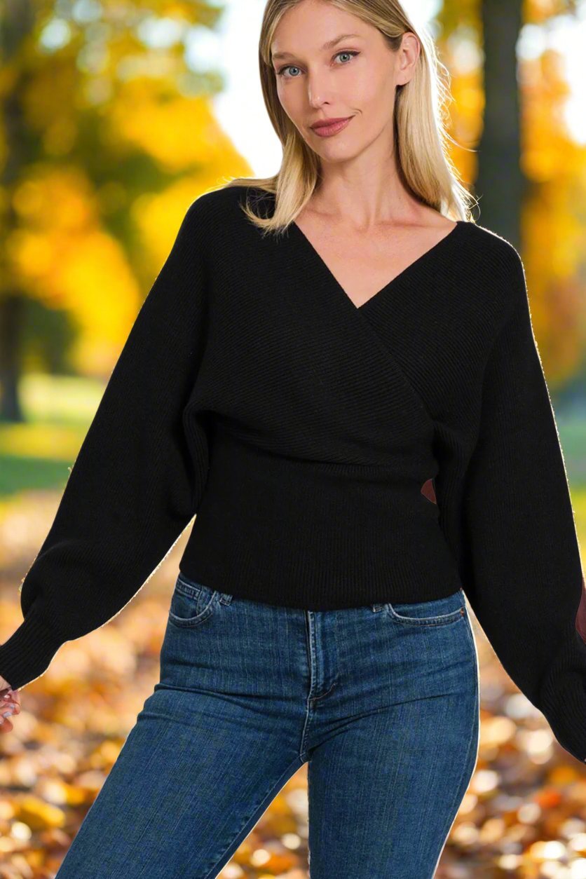 Zenana - Cross Wrap Rib Knit Long Sleeve Sweater in Black