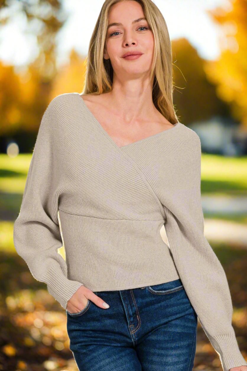 Zenana - Cross Wrap Rib Knit Long Sleeve Sweater in Heather Mocha