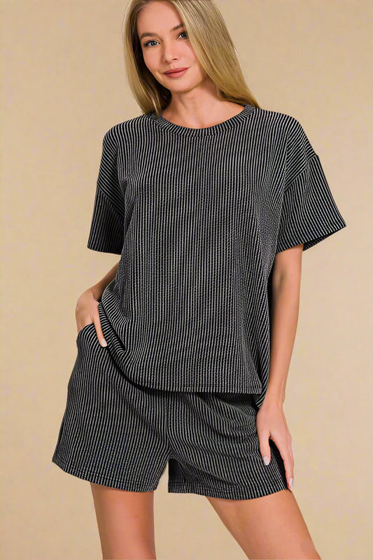 Zenana - Dark Gray Short Sleeve T-Shirt and Shorts Set