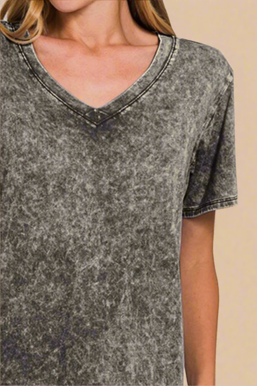 Zenana - Dark Gray V - Neck Washed Cotton T-Shirt