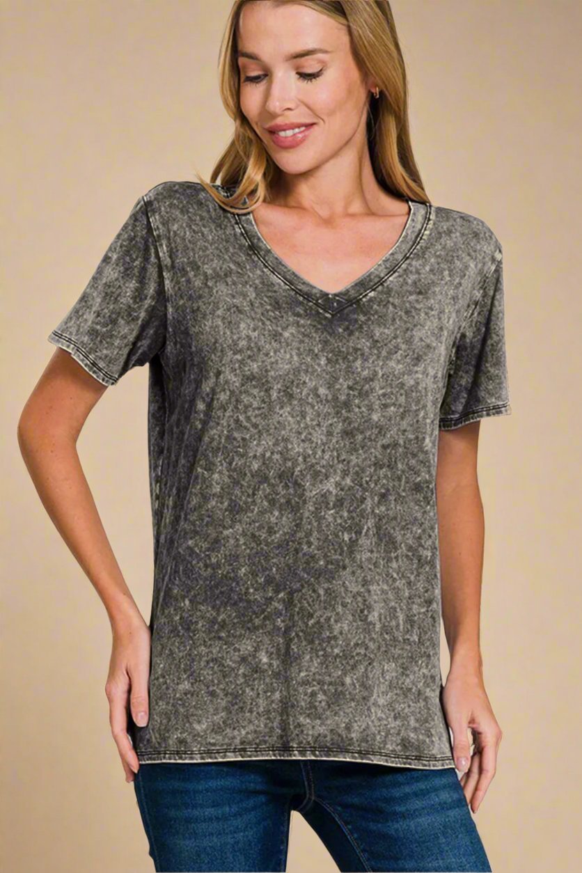 Zenana - Dark Gray V - Neck Washed Cotton T-Shirt