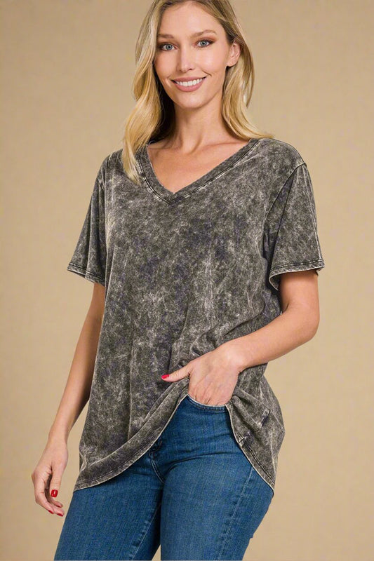 Zenana - Dark Gray V - Neck Washed Cotton T-Shirt