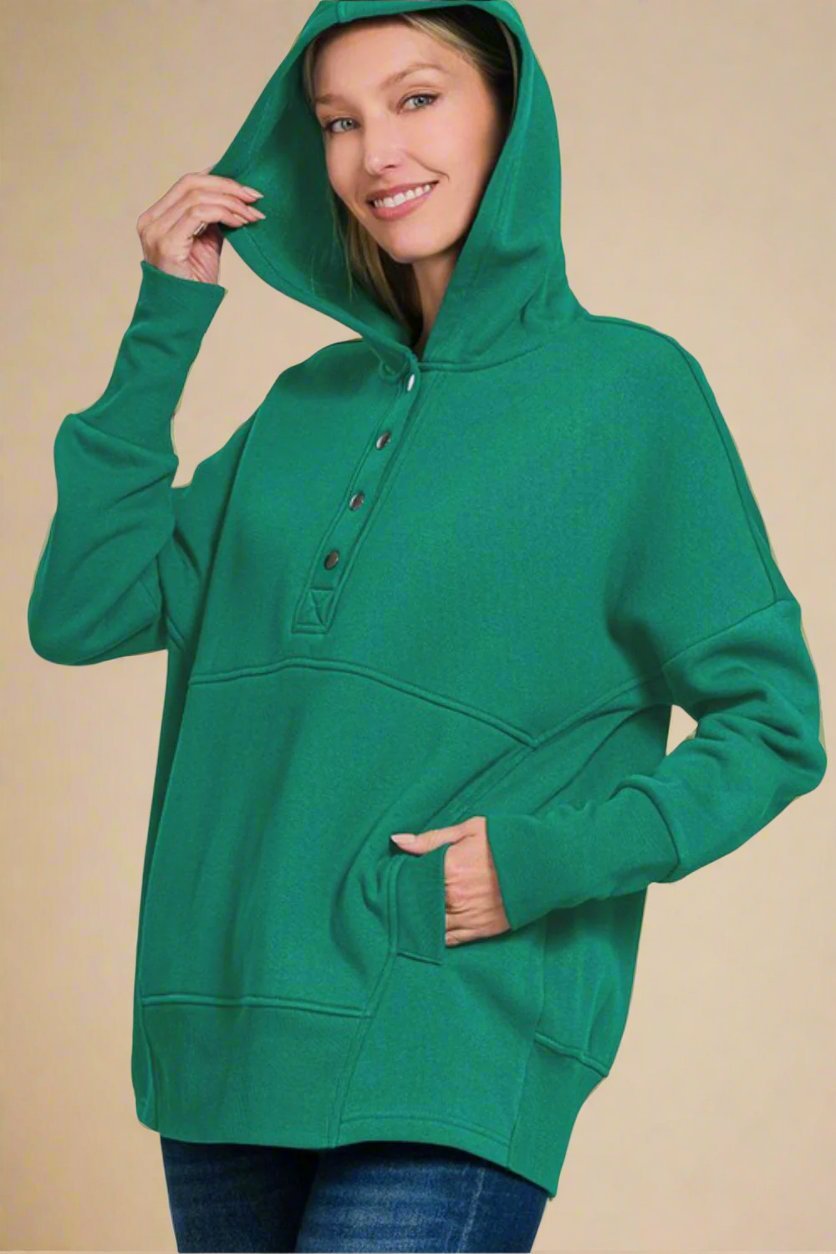 Zenana - Dark Green Half Snap Long Sleeve Hoodie