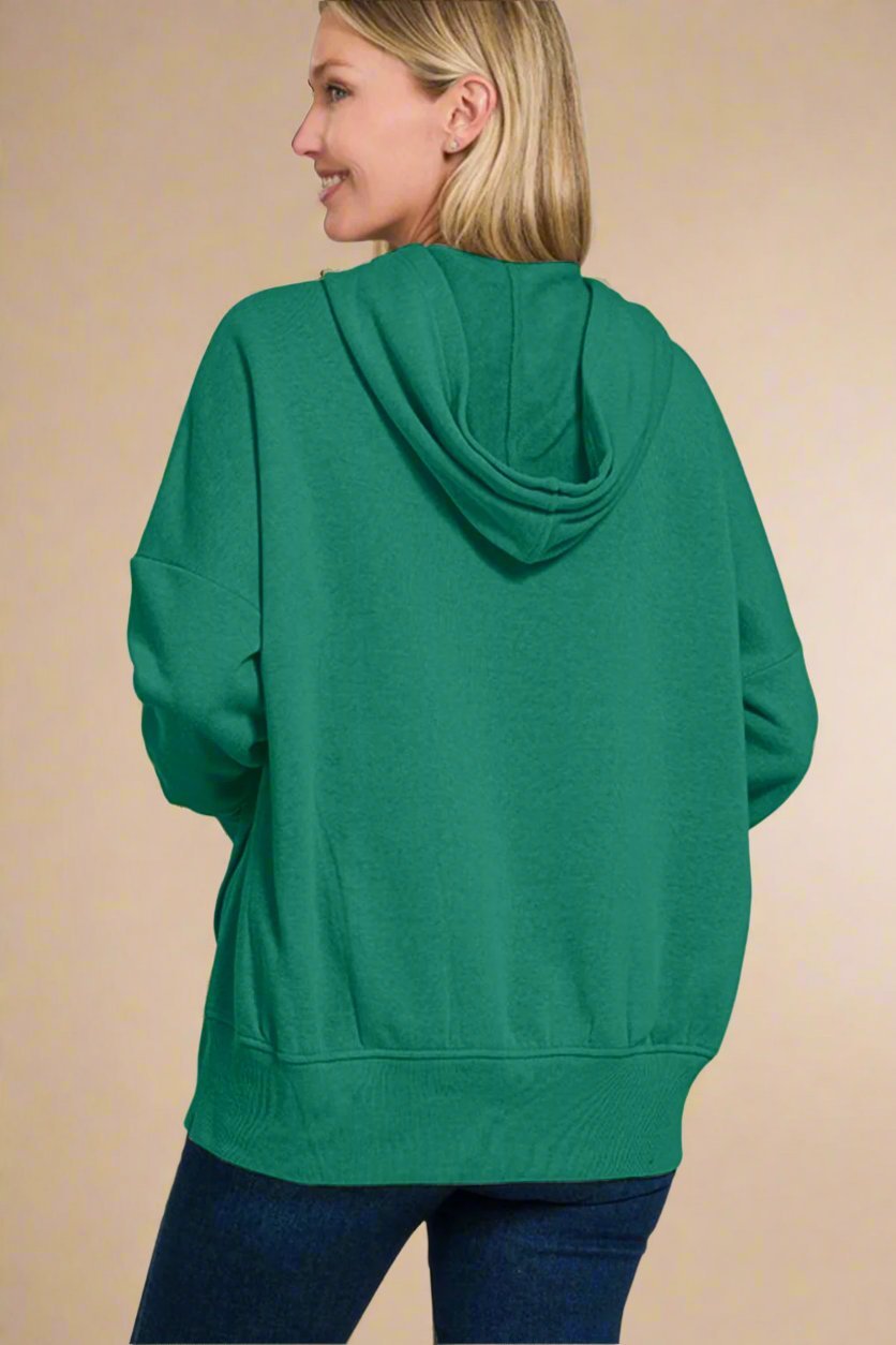 Zenana - Dark Green Half Snap Long Sleeve Hoodie