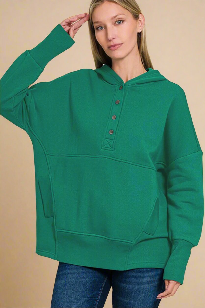 Zenana - Dark Green Half Snap Long Sleeve Hoodie