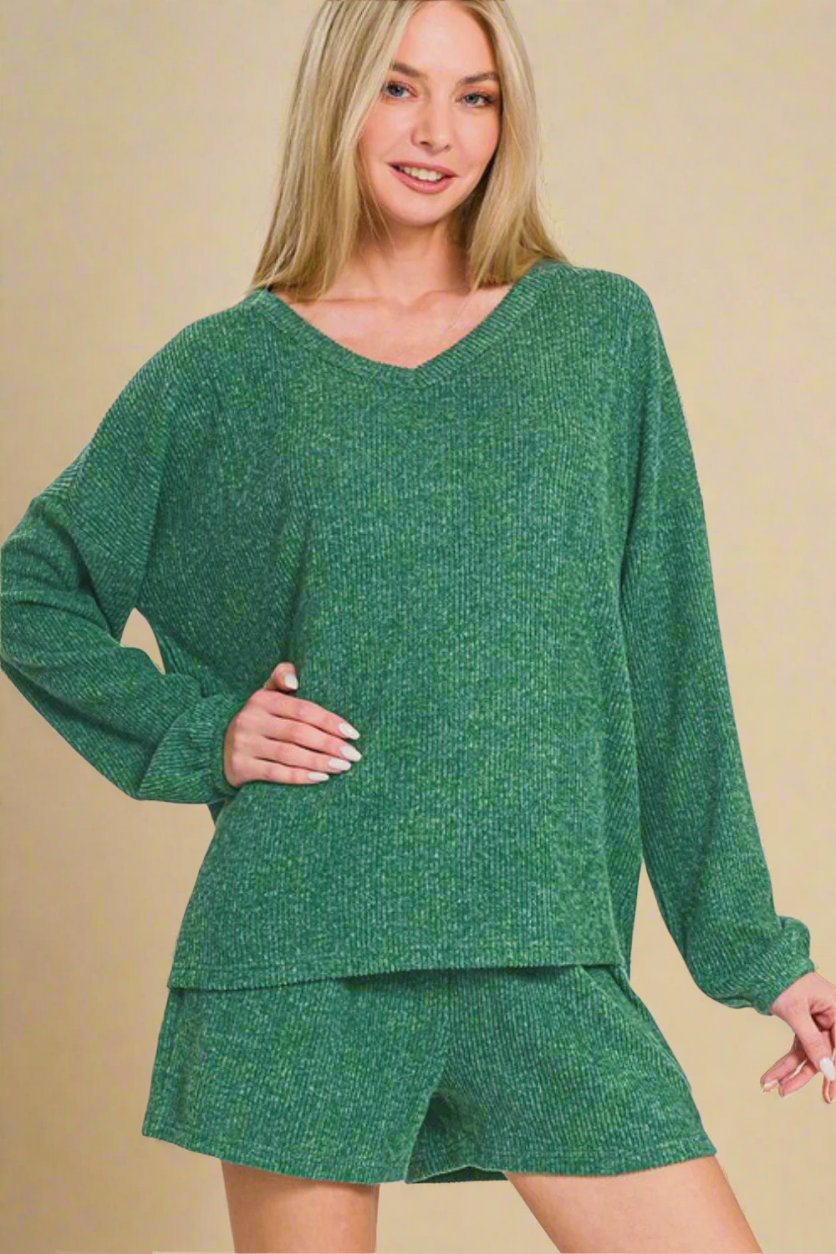 Zenana - Dark Green Long Sleeve Top and Shorts Set