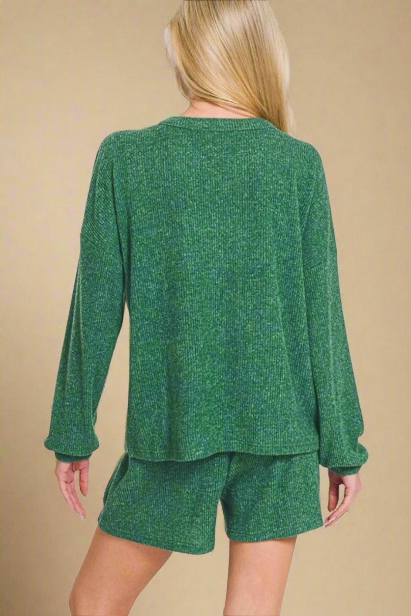 Zenana - Dark Green Long Sleeve Top and Shorts Set