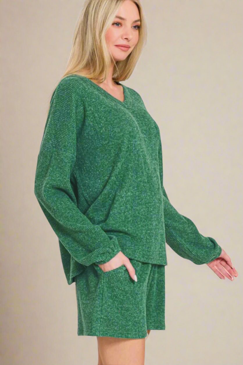 Zenana - Dark Green Long Sleeve Top and Shorts Set