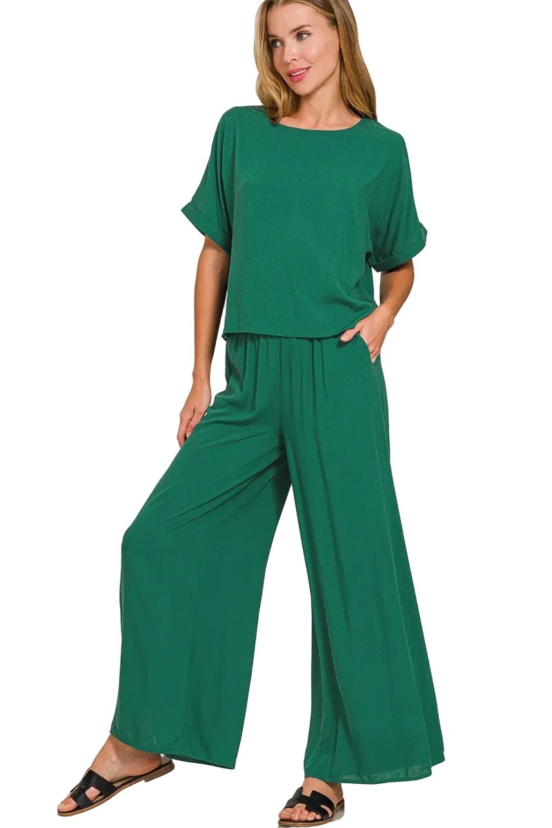 Zenana - Dark Green Wide Leg Pant Set