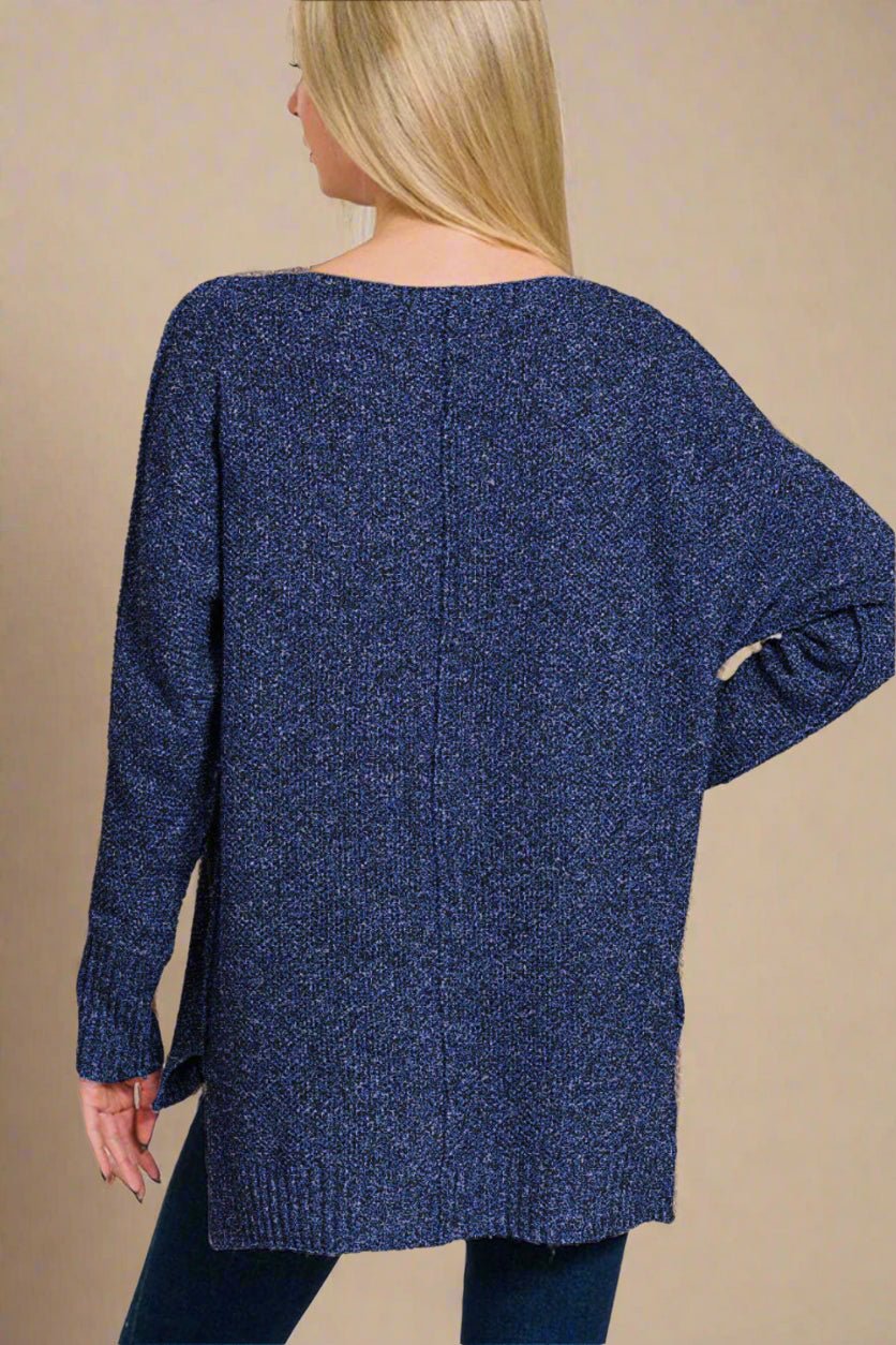 Zenana - Dark Navy High - Low Hem V - Neck Sweater