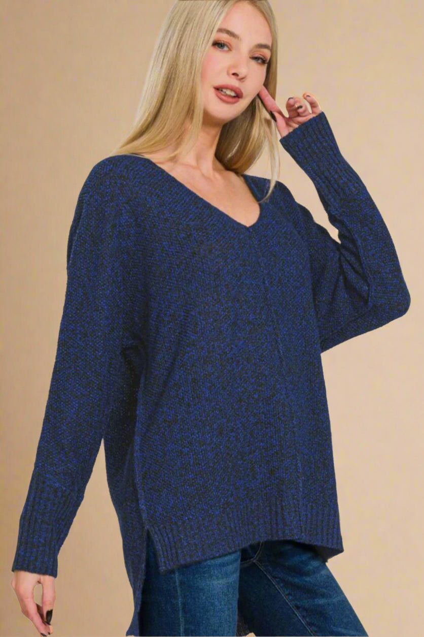 Zenana - Dark Navy High - Low Hem V - Neck Sweater