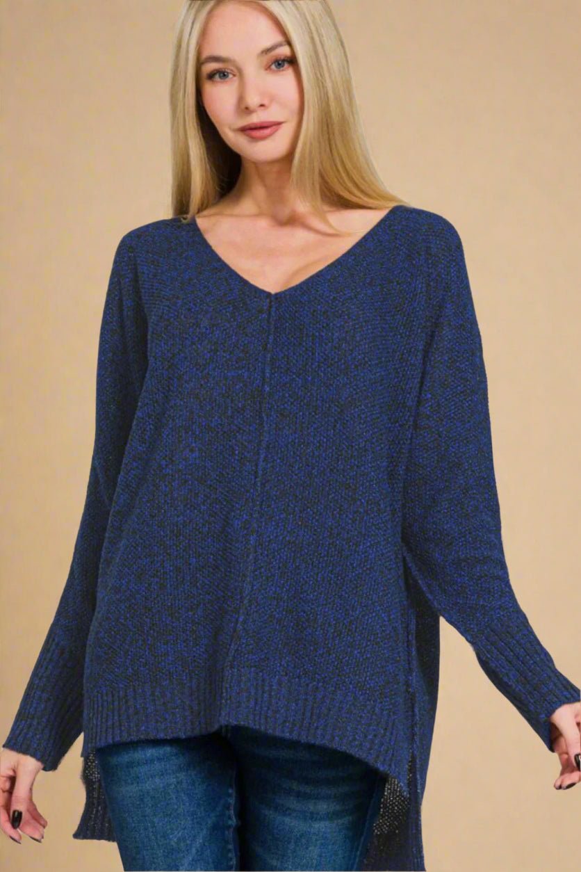 Zenana - Dark Navy High - Low Hem V - Neck Sweater