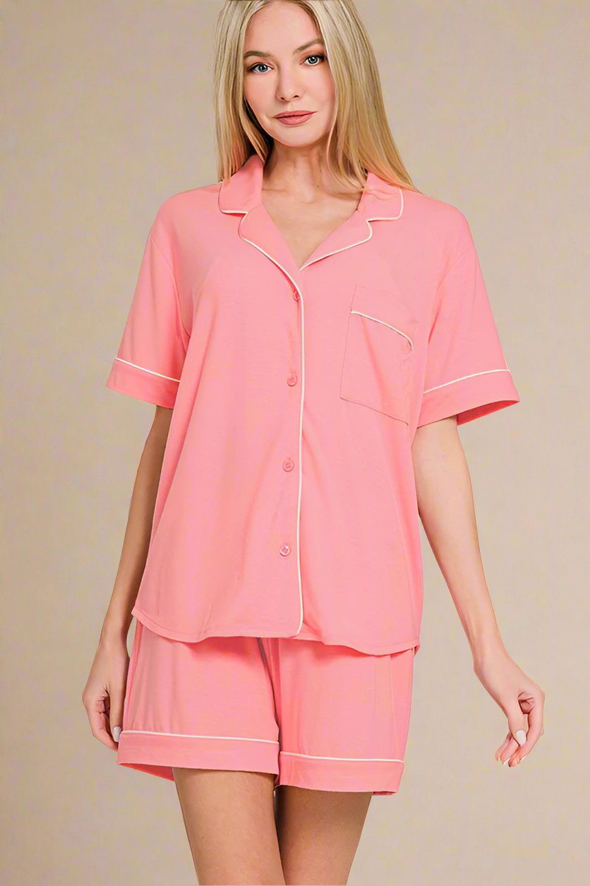 Zenana - Dark Pink Button Down Top and Shorts Lounge Set