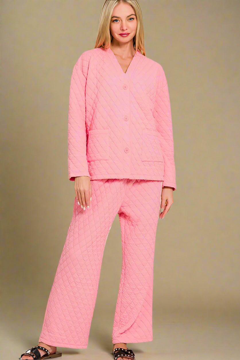 Zenana - Dark Pink Quilted Long Sleeve Top & Pants Lounge Set