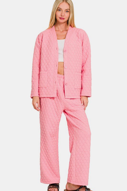 Zenana - Dark Pink Quilted Long Sleeve Top & Pants Lounge Set