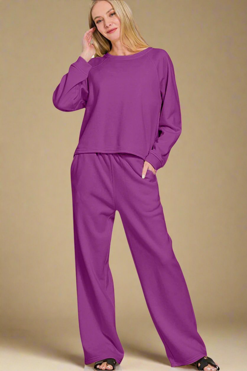 Zenana - Deep Purple Long Sleeve Top & Elastic Waist Pants Set