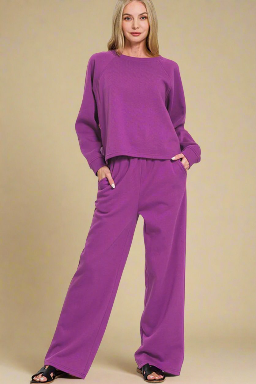 Zenana - Deep Purple Long Sleeve Top & Elastic Waist Pants Set