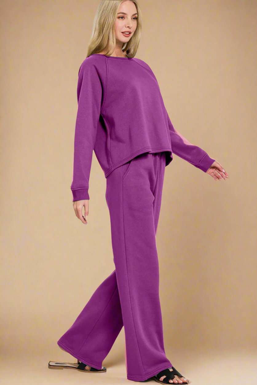 Zenana - Deep Purple Long Sleeve Top & Elastic Waist Pants Set