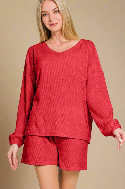 Zenana - Deep Red Long Sleeve Top and Shorts Set