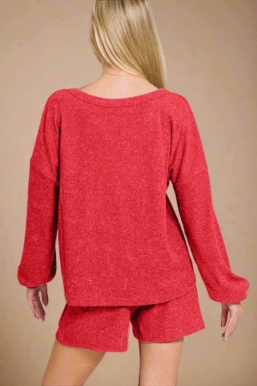 Zenana - Deep Red Long Sleeve Top and Shorts Set