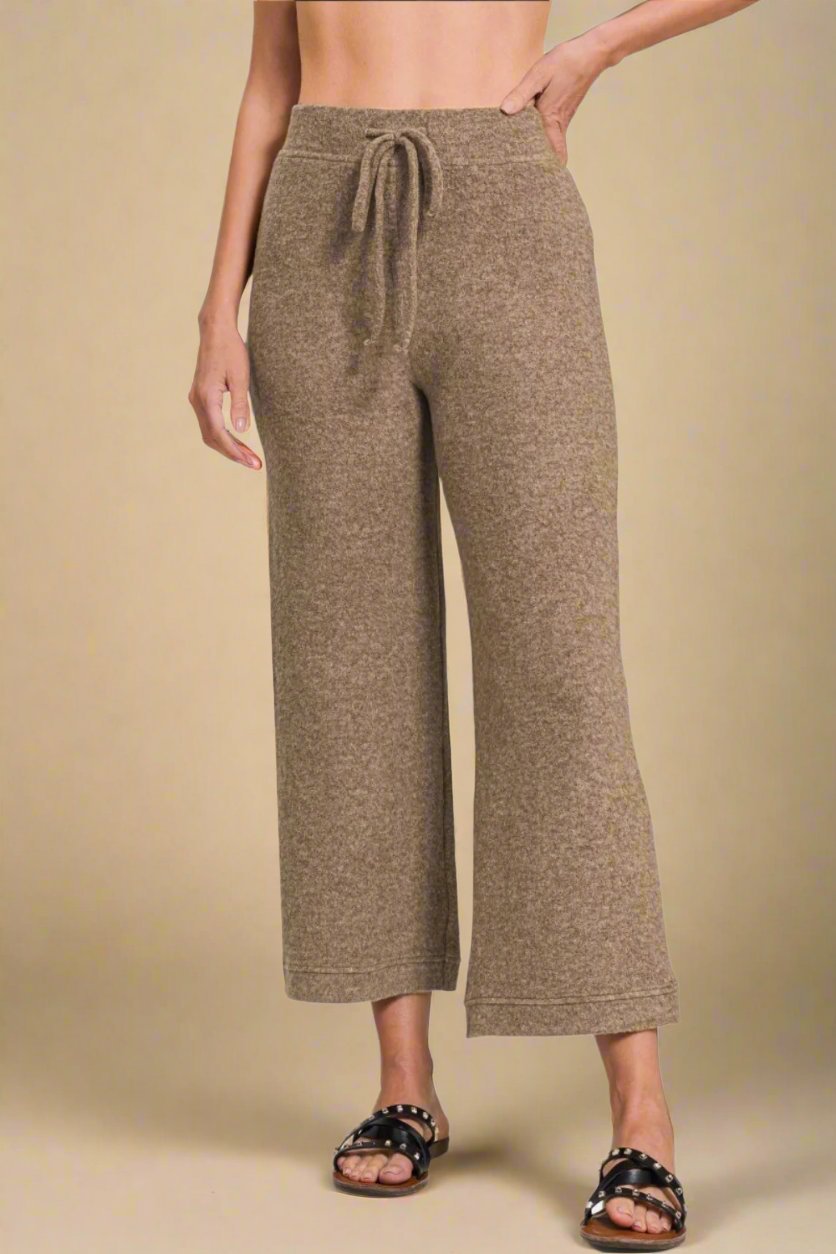 Zenana - Drawstring Hacci Knit Cropped Pants in Mocha