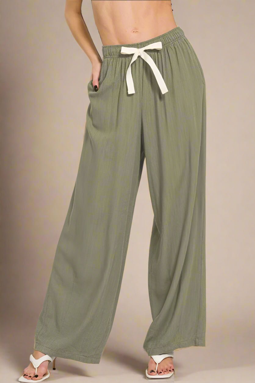 Zenana - Drawstring Wide Leg Lounge Pants in Olive