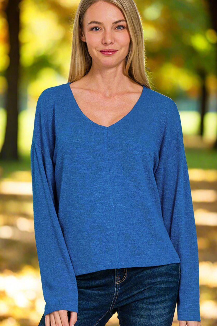 Zenana - Dropped Shoulder Long Sleeve T - Shirt in Classic Blue