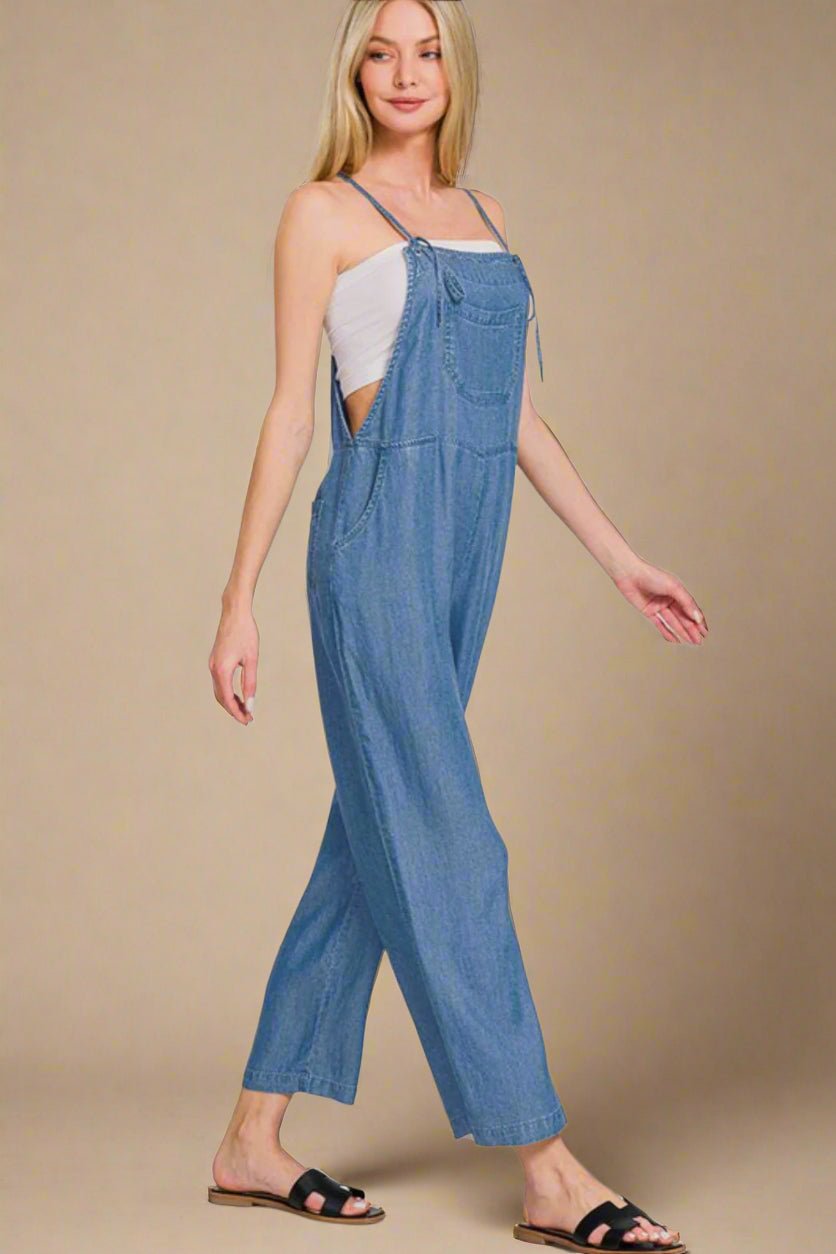 Zenana - Dusty Blue Denim Wide Leg Overalls