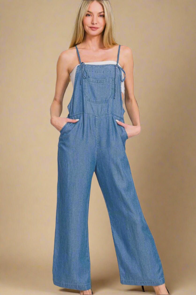 Zenana - Dusty Blue Denim Wide Leg Overalls